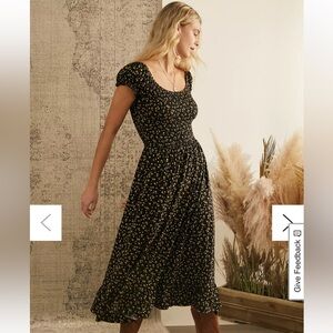 UO Tessie Black Ditsy Floral Smocked Puff Sleeve Midi Dress